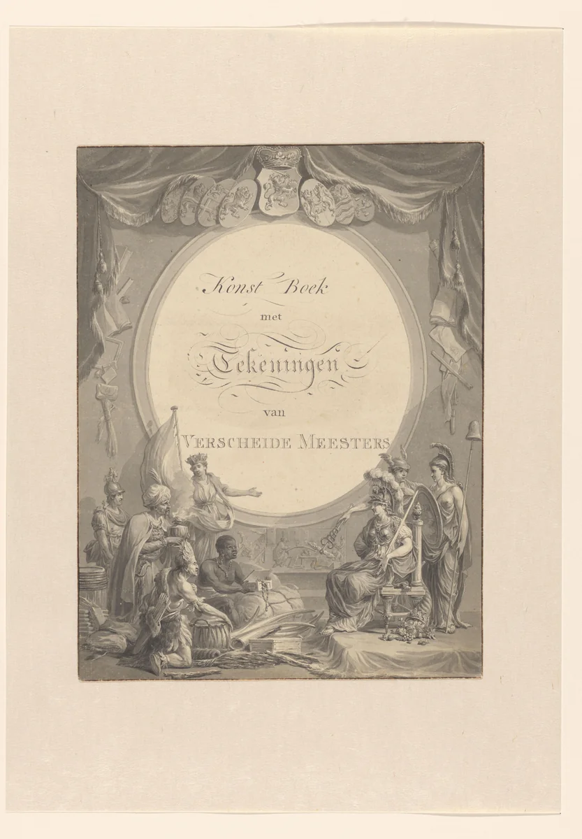 Titelblad voor een kunstboek met de Vier Werelddelen die hun schatten aan Minerva aanbieden by Dirk Langendijk, drawing, 1758-1805