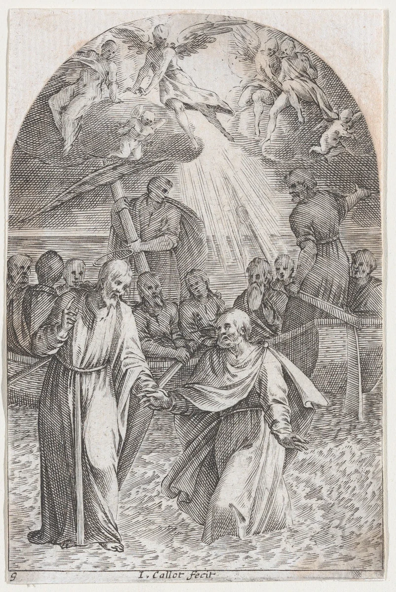 Christ Walking on Water, Holding the Hand of St. Peter (Second Composition), plate 9 from "Les Tableaux de Rome, Les Eglises Jubilaires" (The Paintings of Rome, The Churches Jubilee) by Jacques Callot, print, 1607-1611