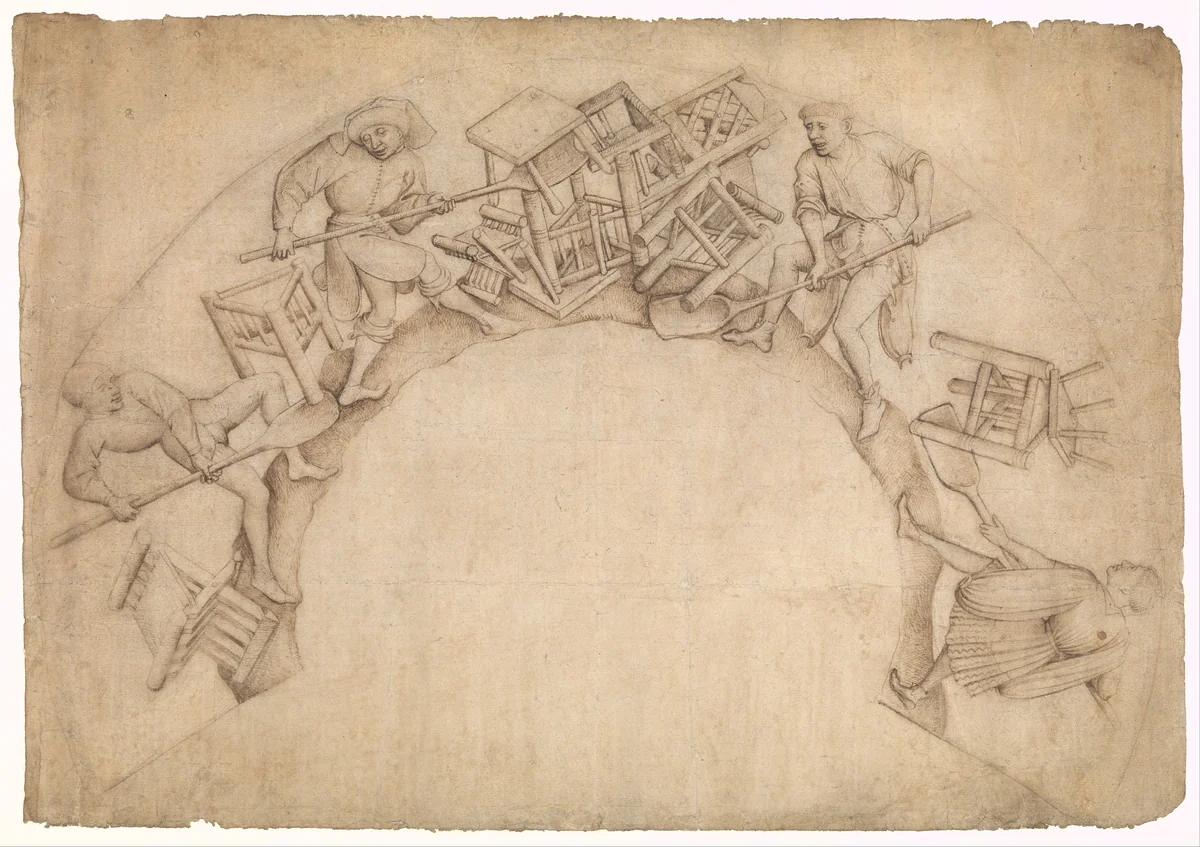 Men Shoveling Chairs (Scupstoel) by Vranke van der Stockt, drawing, 1444-1450