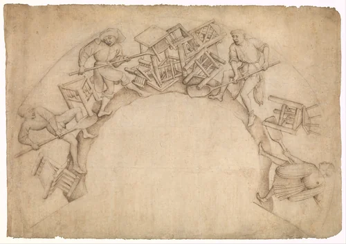 Men Shoveling Chairs (Scupstoel) by Vranke van der Stockt, drawing, 1444-1450