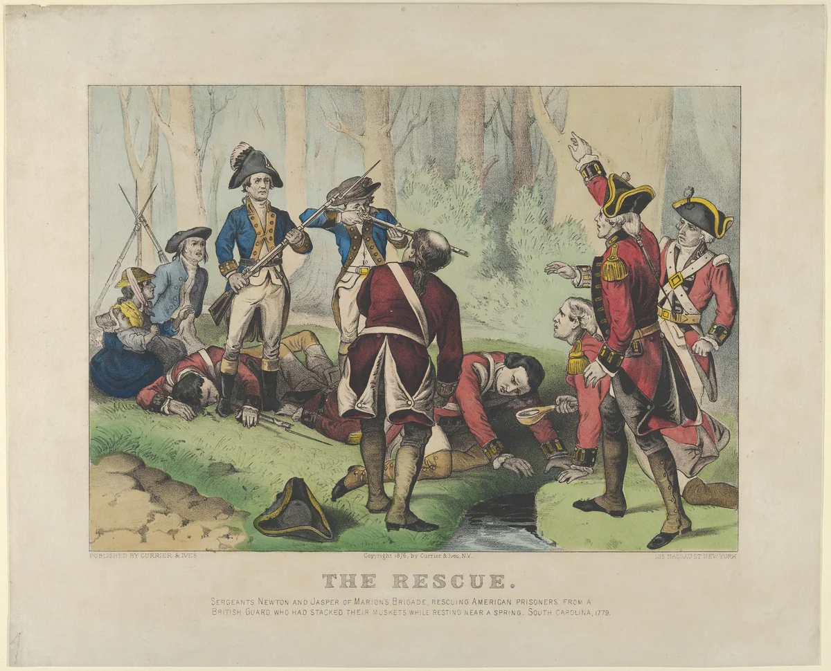 The Rescue–Sergeants Newton and Jasper of Marion's Brigade, rescuing American prisoners from a British guard, who had stacked their muskets while resting near a spring, South Carolina, 1779. by Currier & Ives, print, 1876