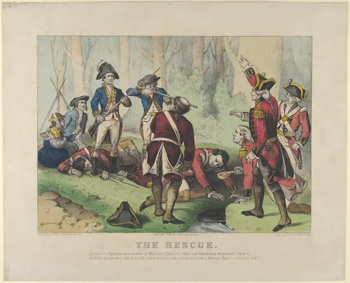 The Rescue–Sergeants Newton and Jasper of Marion's Brigade, rescuing American prisoners from a British guard, who had stacked their muskets while resting near a spring, South Carolina, 1779. by Currier & Ives, print, 1876
