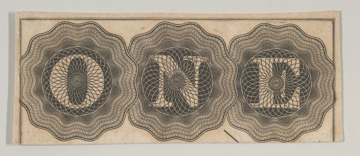 Banknote motif: the word ONE with each letter set against a circle of lathe work by Cyrus Durand, print, 1819-1847