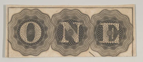 Banknote motif: the word ONE with each letter set against a circle of lathe work by Cyrus Durand, print, 1819-1847