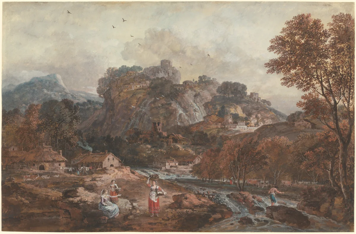 Mountain Landscape with Washerwomen and a Fisherman by Francesco Zuccarelli, drawing, 1762-1765