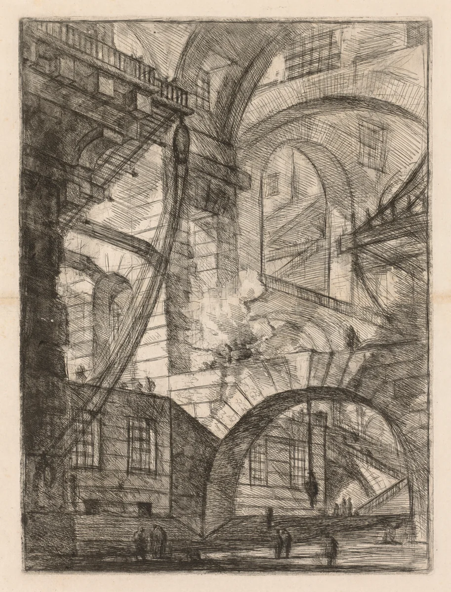 The Prisons: A Perspective of Arches with a Smoking Fire by Giovanni Battista Piranesi, print, 1745-1750