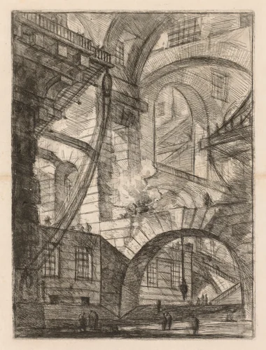 The Prisons: A Perspective of Arches with a Smoking Fire by Giovanni Battista Piranesi, print, 1745-1750
