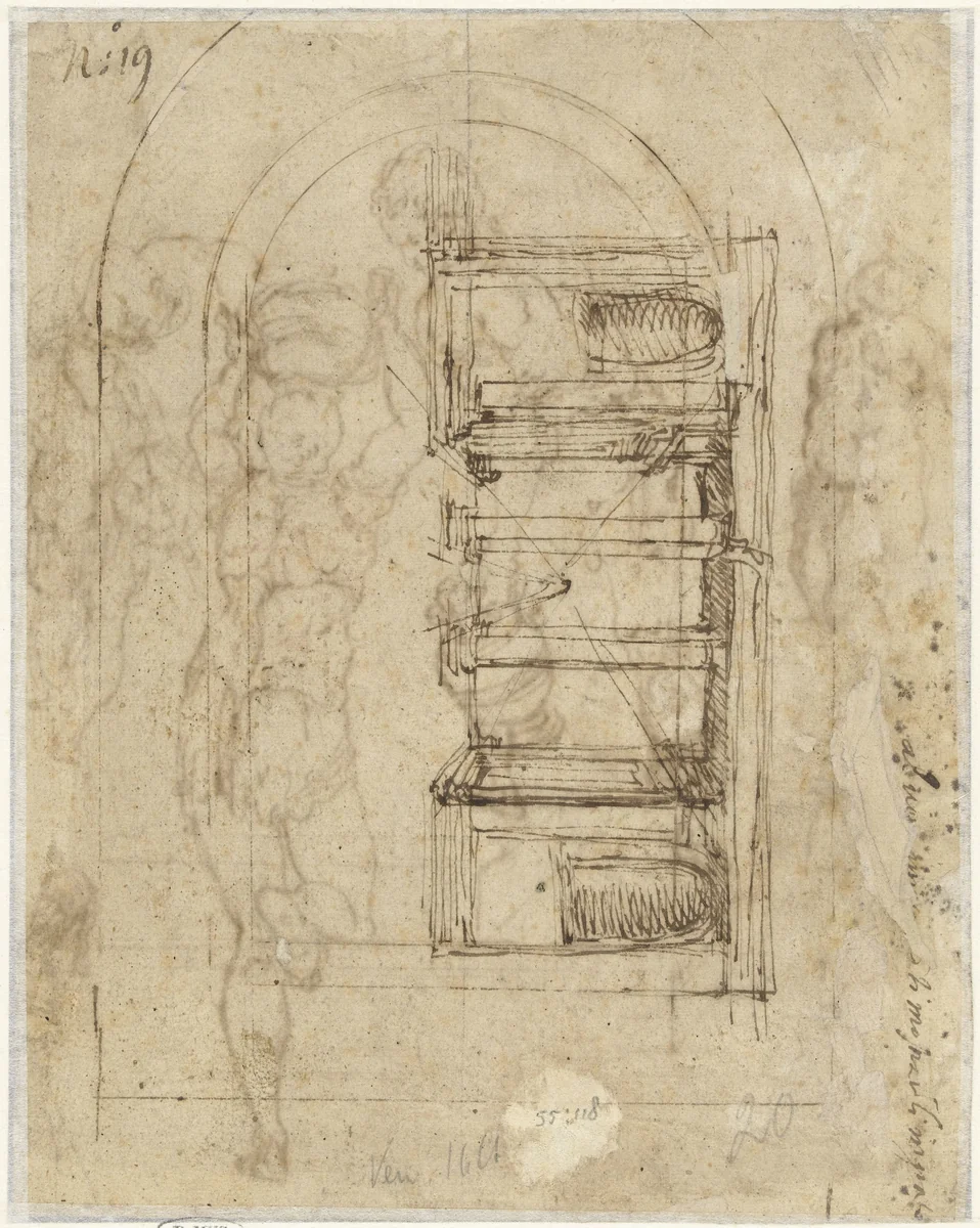Peristyle met ingetekende convergerende perspectivische lijnen by anonymous, drawing, 1500-1599
