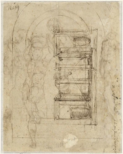 Peristyle met ingetekende convergerende perspectivische lijnen by anonymous, drawing, 1500-1599