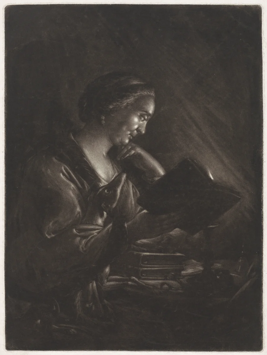 Lezende vrouw met een hond by anonymous, print, 1650-1750