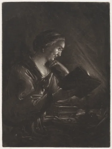 Lezende vrouw met een hond by anonymous, print, 1650-1750