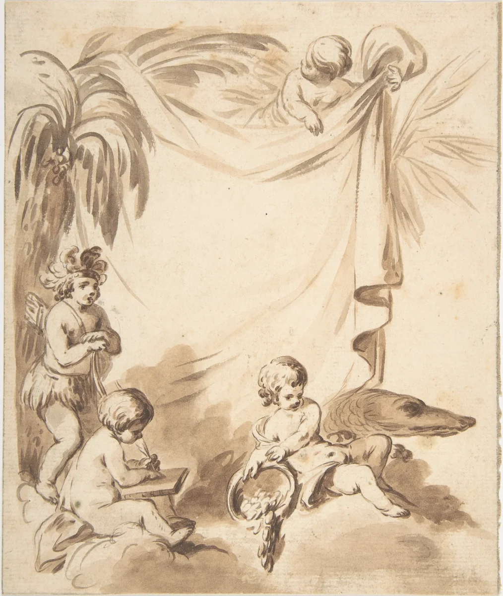 Allegories of America, Asia, and Europe by anonymous, drawing, 1700-1799