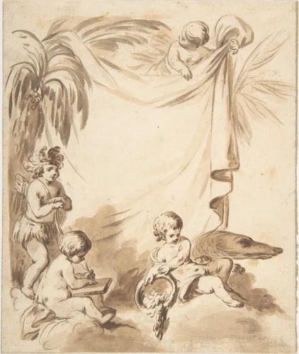 Allegories of America, Asia, and Europe by anonymous, drawing, 1700-1799