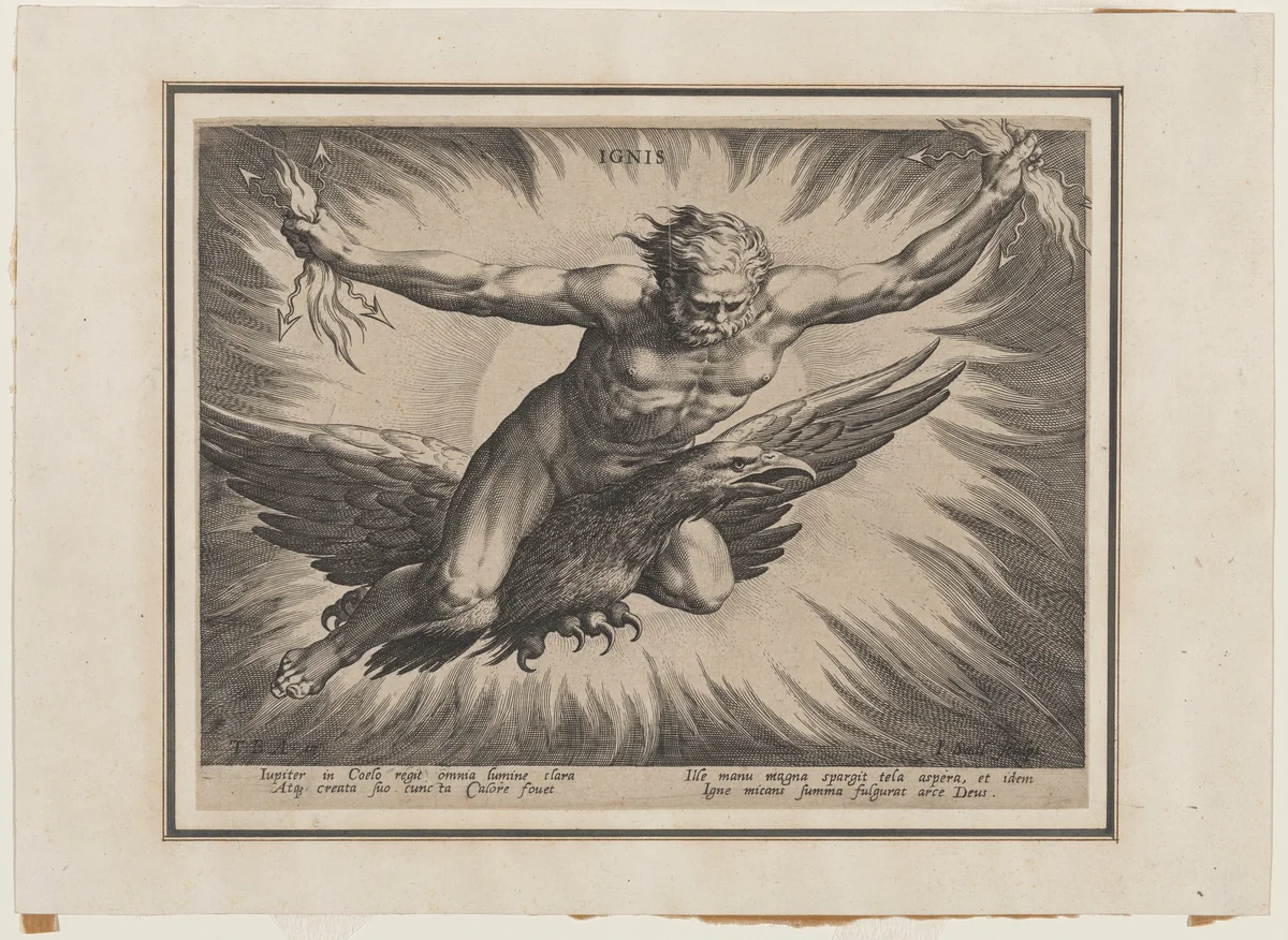 Fire by Jan Sadeler I; Dirck Barendsz, print, 1587