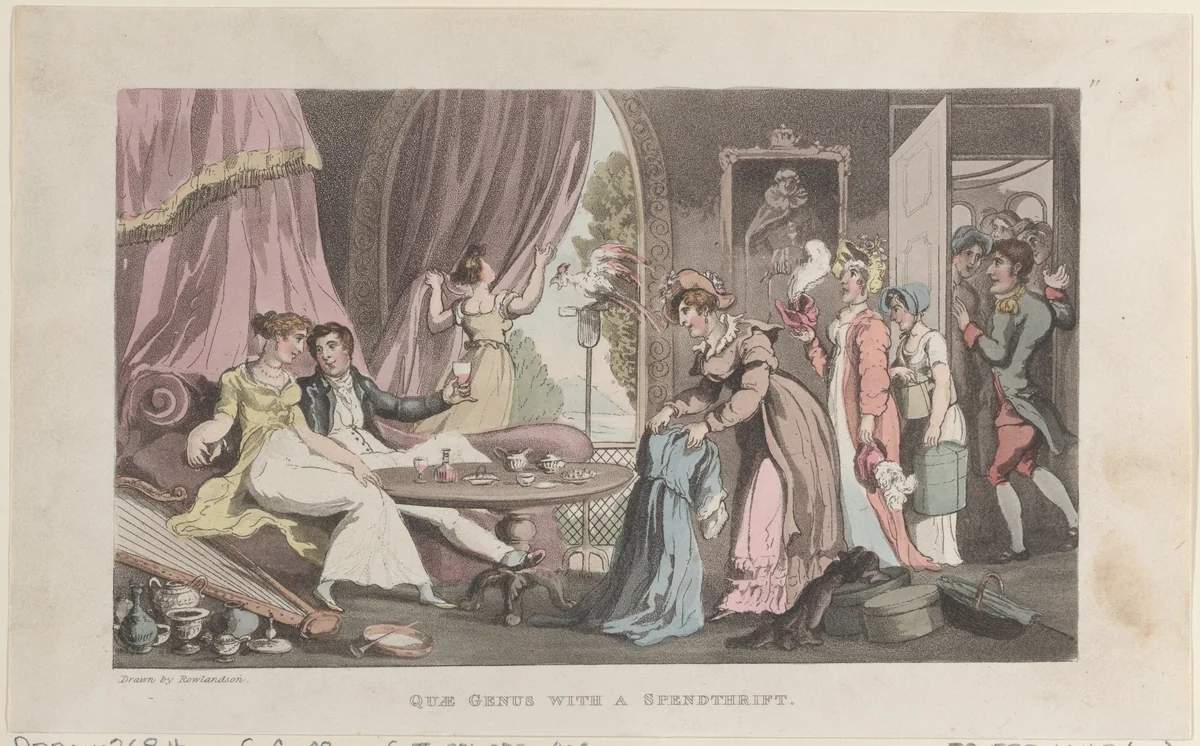Quae Genus with a Spendthrift by Thomas Rowlandson, print, 1821