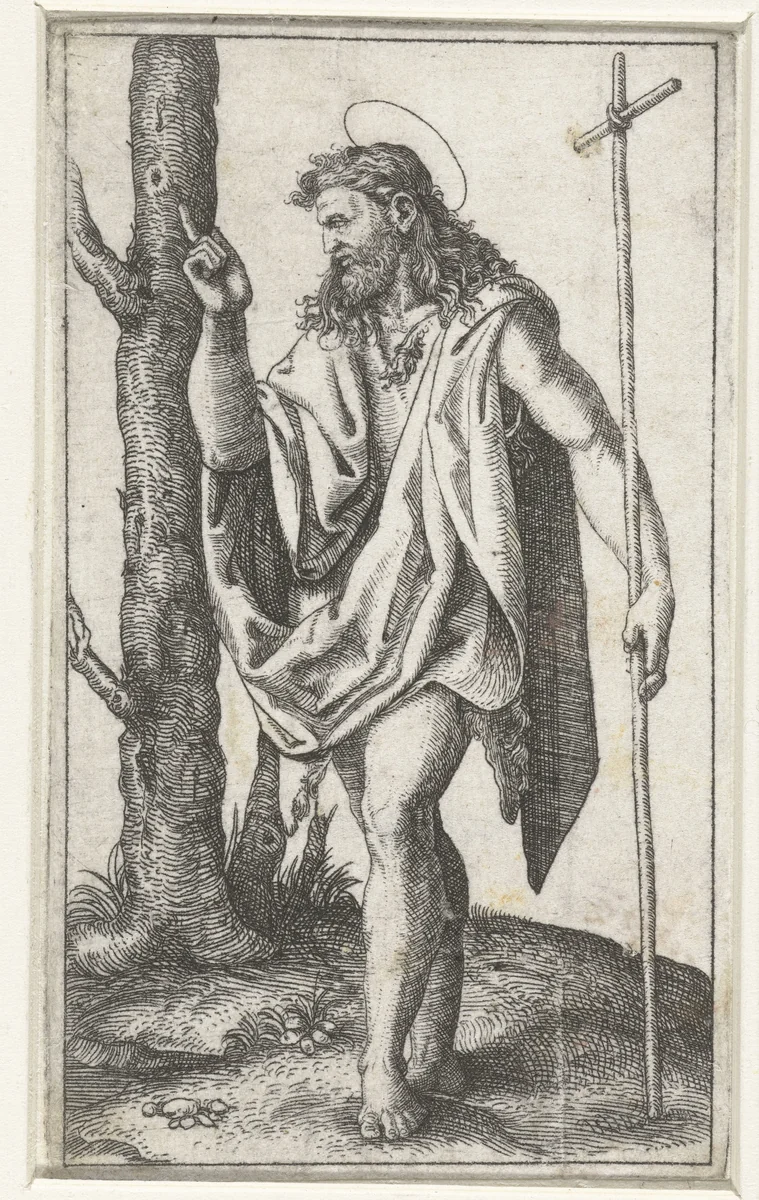 Johannes de Doper met kruisstaf by Marcantonio Raimondi, print, 1500-1517