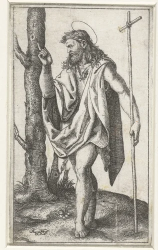 Johannes de Doper met kruisstaf by Marcantonio Raimondi, print, 1500-1517