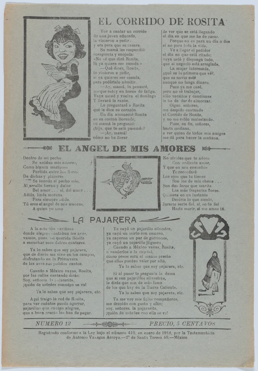 Broadsheet featuring three love ballads with vignettes showing a woman reading, a woman's head in a heart pierced by an arrow and a woman walking by José Guadalupe Posada, print, 1918