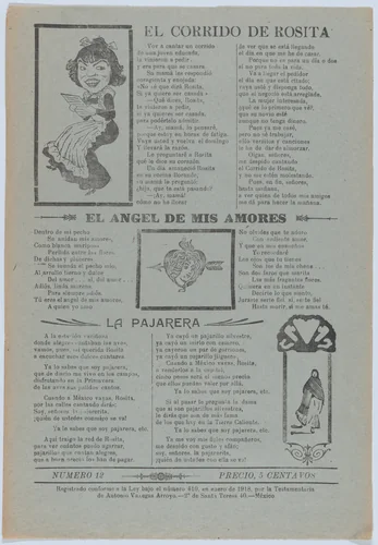 Broadsheet featuring three love ballads with vignettes showing a woman reading, a woman's head in a heart pierced by an arrow and a woman walking by José Guadalupe Posada, print, 1918