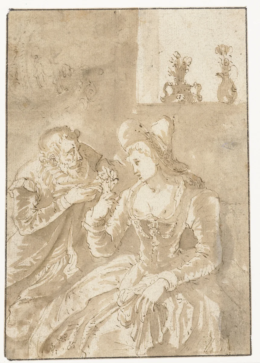 Oudere man bij een zittende elegante jonge vrouw by Gabriël Franck, drawing, 1600-1639