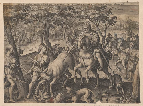 The Deer Hunt of Emperor Frederick I Barbarossa and Ubaldino Ubaldini by Jan van der Straet, print, 1589
