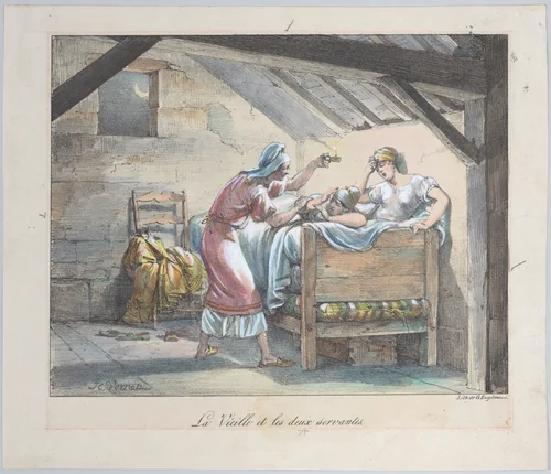 The Old Woman and the Two Maids, plate no. 118 from "Fables choisies de La Fontaine ornées de figures lithographiques..." by Horace Vernet, print, 1813-1826
