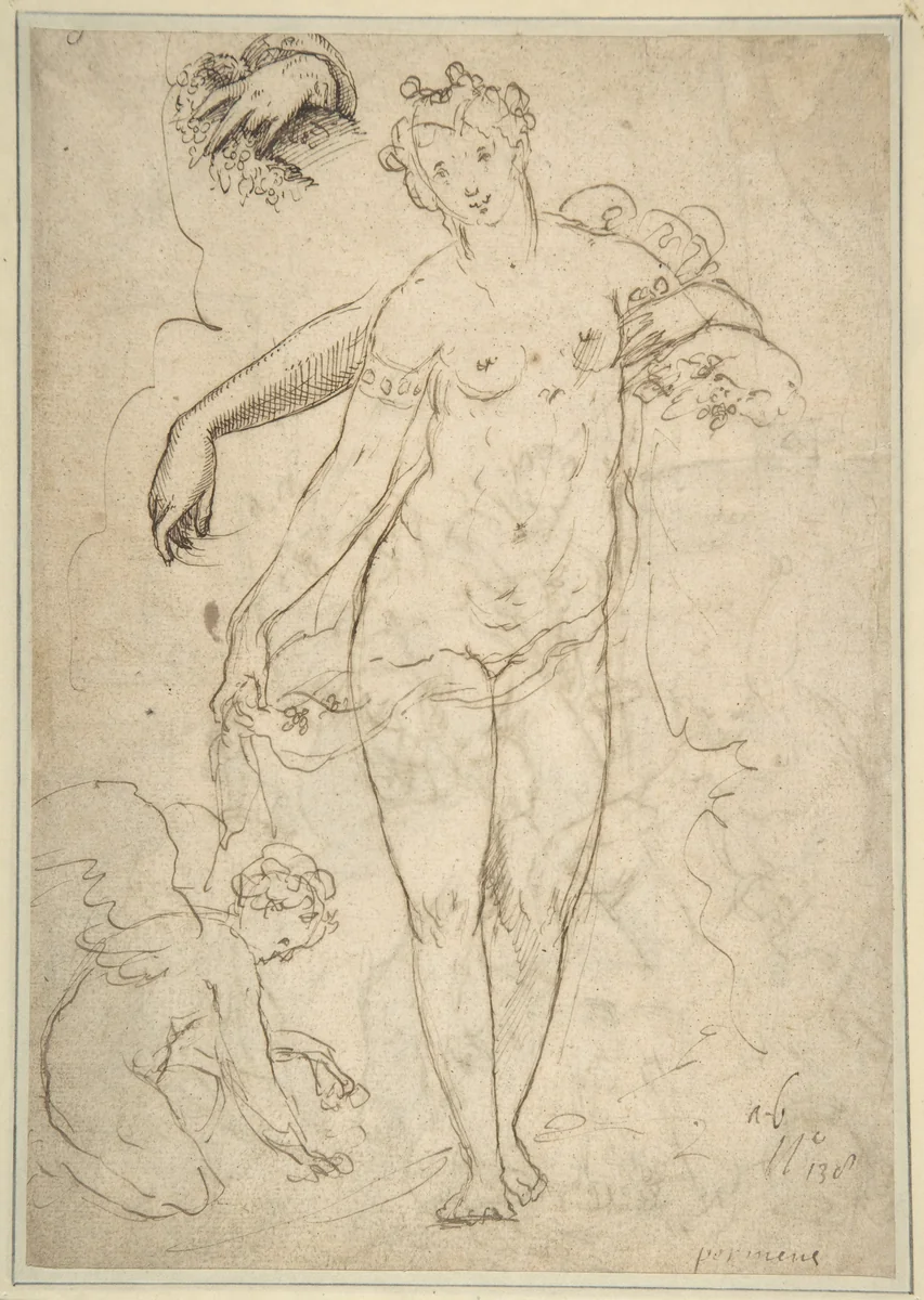 Standing Nude Female and Putto with Studies of a Hand and an Arm (recto); Satyrs destroying a Female Herm (verso) by anonymous, drawing, 1500-1600