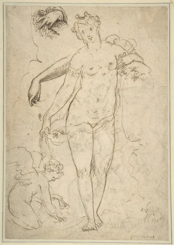 Standing Nude Female and Putto with Studies of a Hand and an Arm (recto); Satyrs destroying a Female Herm (verso) by anonymous, drawing, 1500-1600
