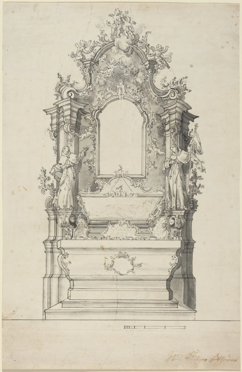 Rococo Altar with a Reliquary Tomb by Veit Königer, drawing, 1729-1792