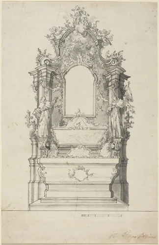 Rococo Altar with a Reliquary Tomb by Veit Königer, drawing, 1729-1792