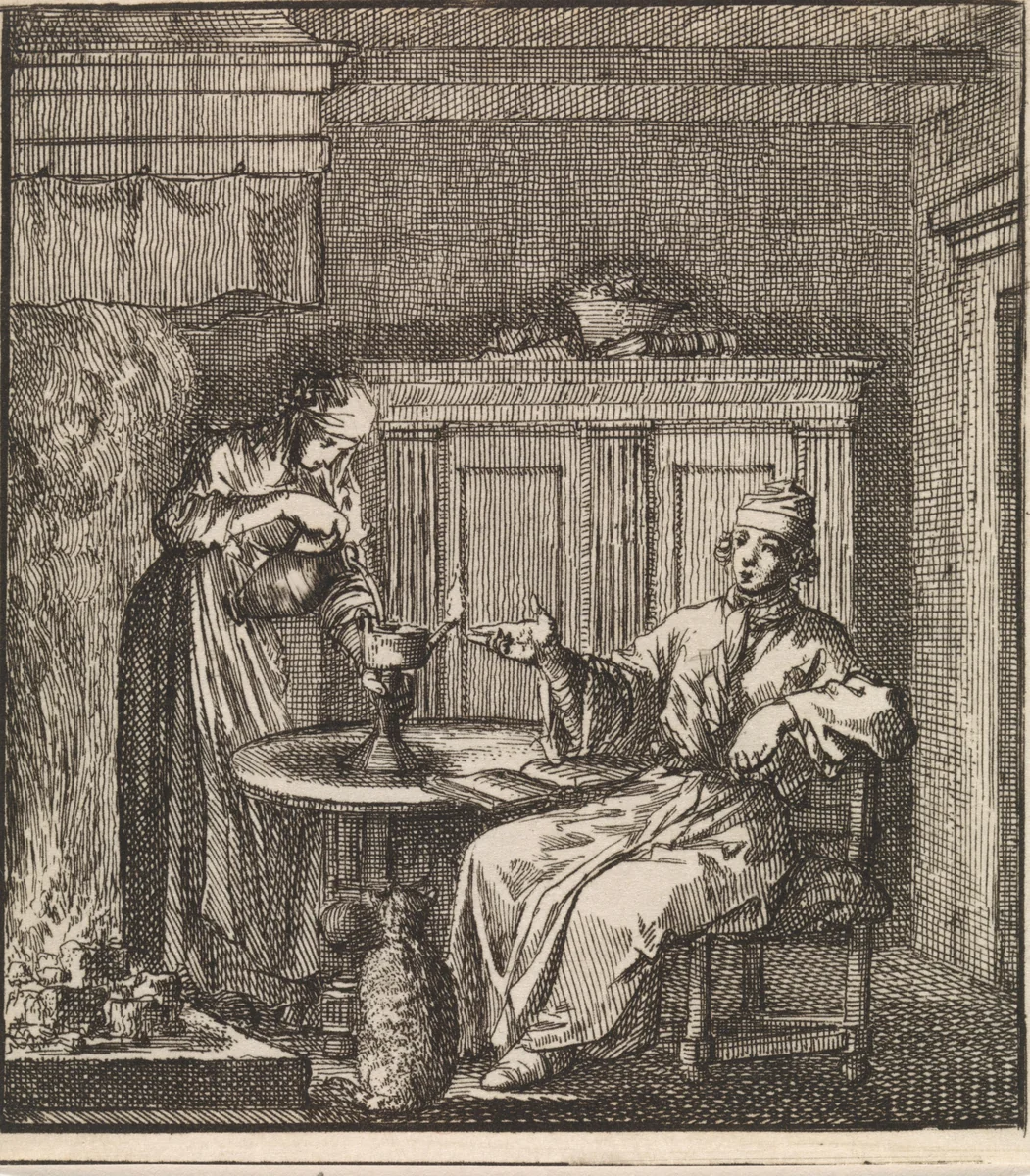 Vrouw vult een brandende olielamp bij by Jan Luyken, print, 1711