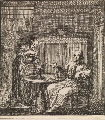Vrouw vult een brandende olielamp bij by Jan Luyken, print, 1711