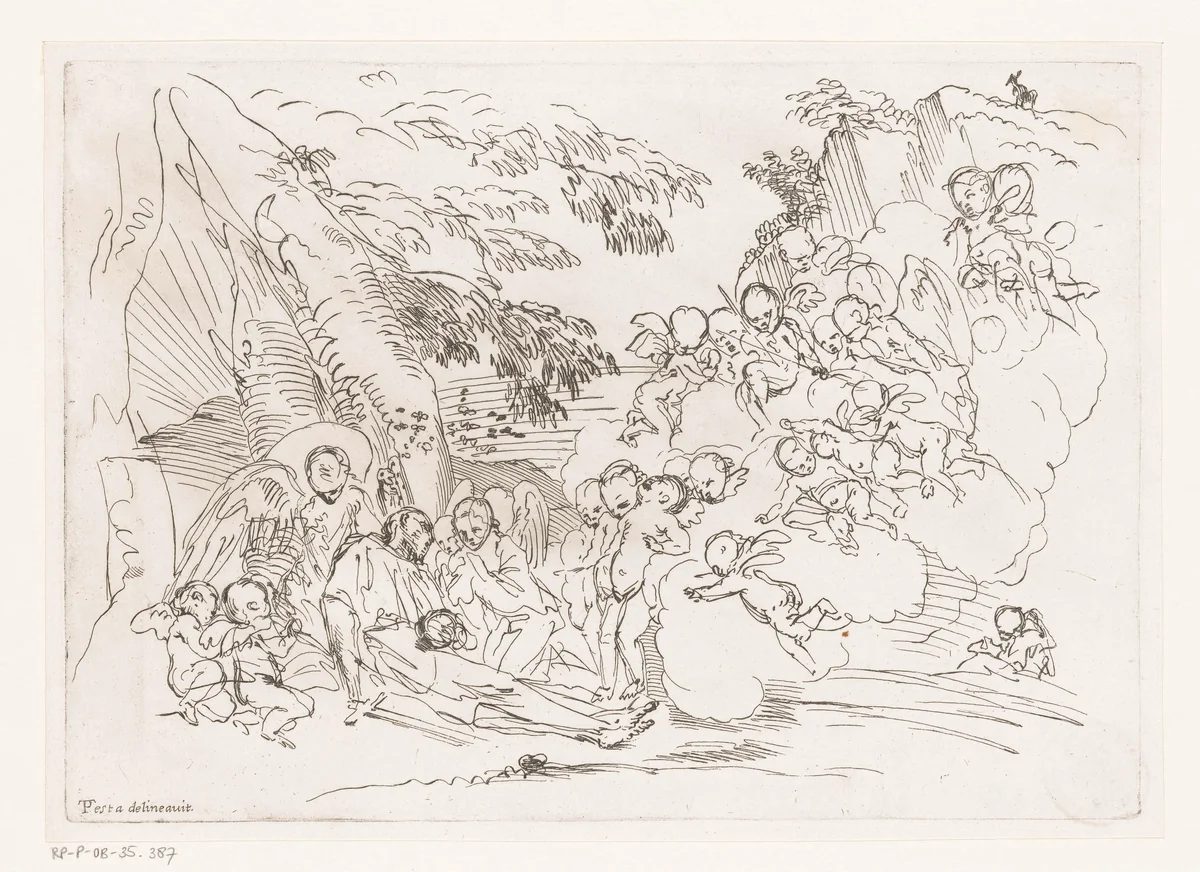 Man met kruis liggend tegen rots, omringd door engelen by anonymous, print, 1650-1750