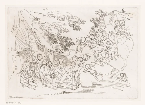 Man met kruis liggend tegen rots, omringd door engelen by anonymous, print, 1650-1750