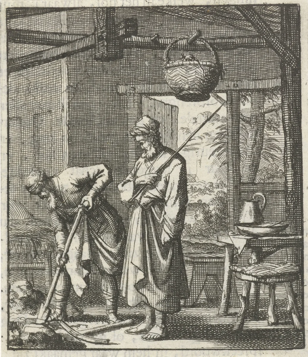 Kluizenaar ziet toe hoe zijn bezoeker in de grond graaft om muizen op te sporen by Jan Luyken, print, 1693