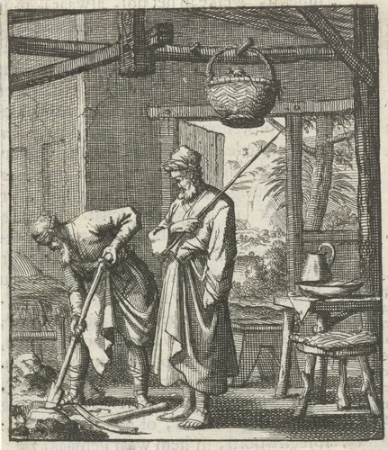 Kluizenaar ziet toe hoe zijn bezoeker in de grond graaft om muizen op te sporen by Jan Luyken, print, 1693