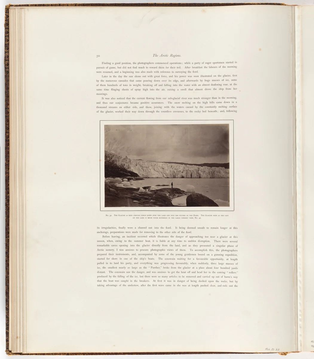 "The Glacier as seen forcing itself down over the land and into the waters of the Fiord. The Glacier seen at the left on the land is much finer rendered in the large upright view, No. 40." by George P. Critcherson, John L. Dunmore, William Bradford, photograph, 1869