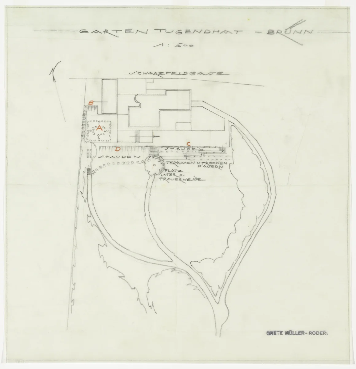 Tugendhat House, Brno, Czech Republic, Plan, garden by Ludwig Mies van der Rohe, mies van der rohe archive, 1928