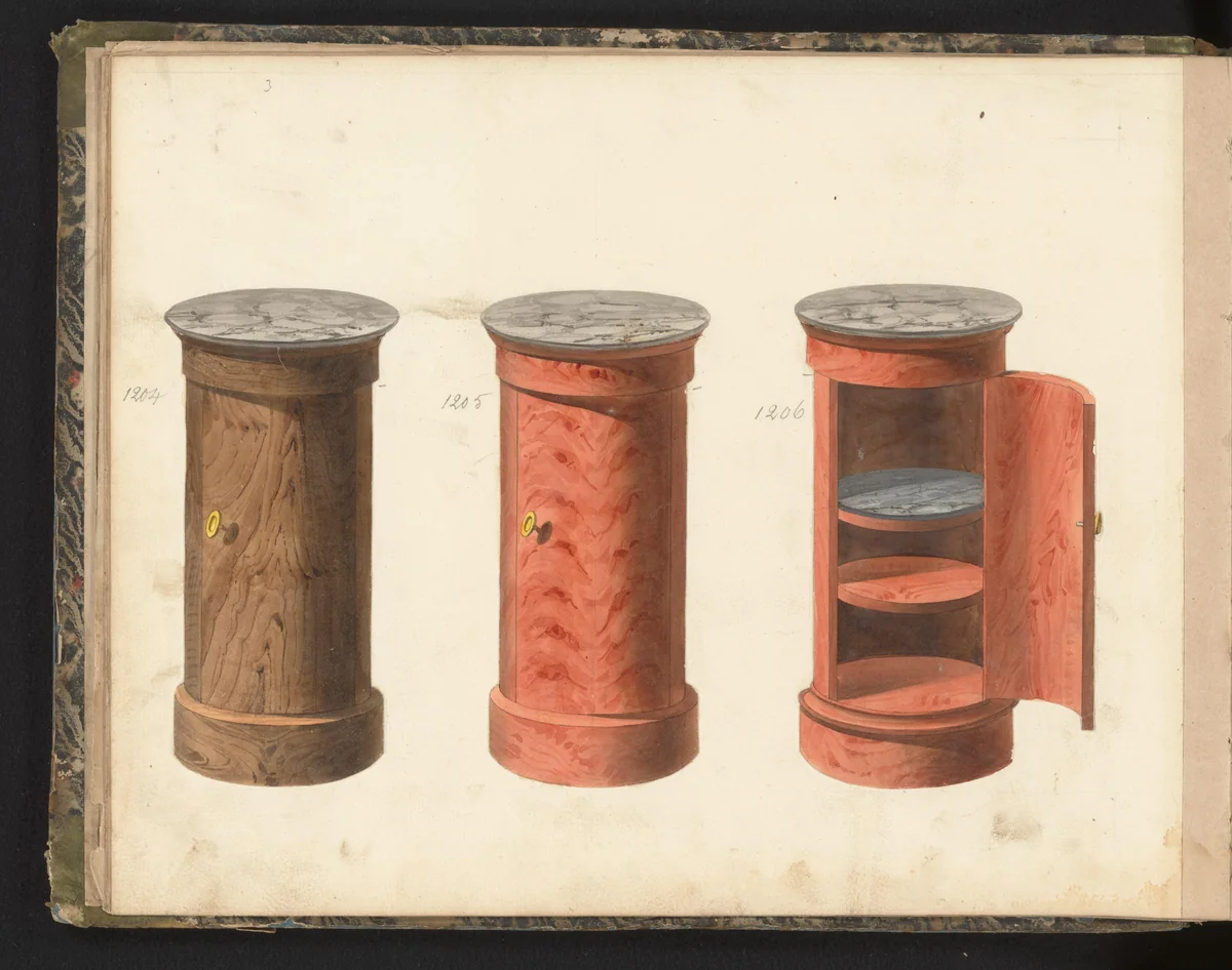 Drie ontwerpen voor nachtkastjes by anonymous, drawing, 1825-1839