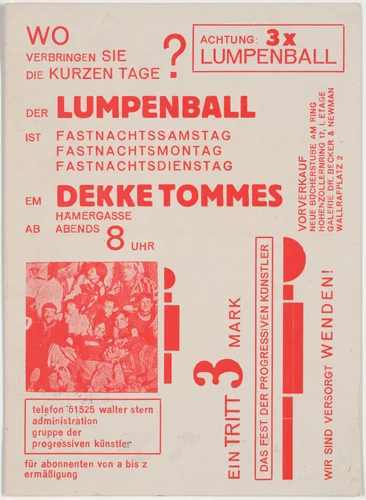 Wo verbringen Sie die kurzen Tage? Der Lumpenball ist Fastnachtssamstag Fastnachtsmontag Fastnachtsdienstag am Dekke Tommes by Franz Wilhelm Seiwert, design, 1930