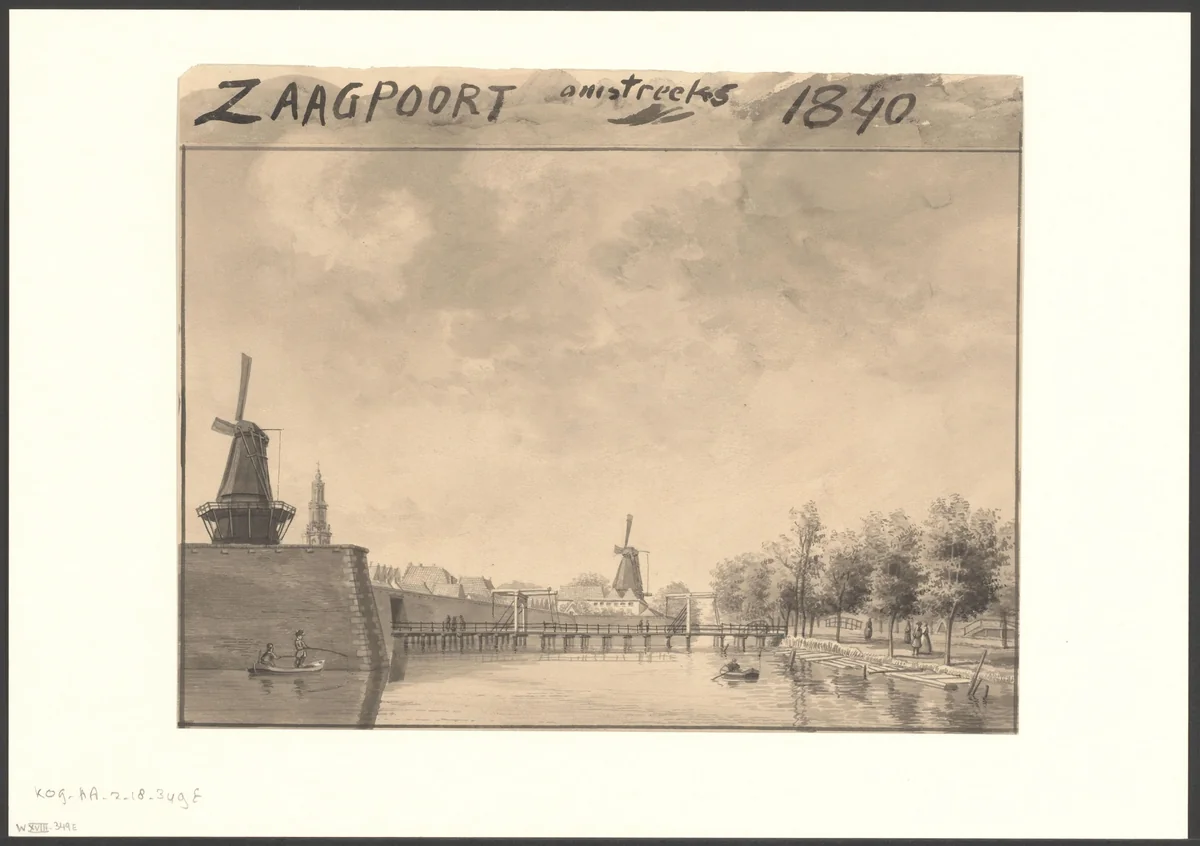 Gezicht op de Zaagmolenpoort en De Kat bij de Singelgracht by anonymous, drawing, 1840