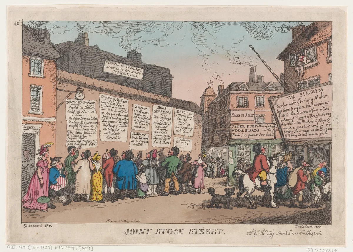 Joint Stock Street by Thomas Rowlandson, print, 1808
