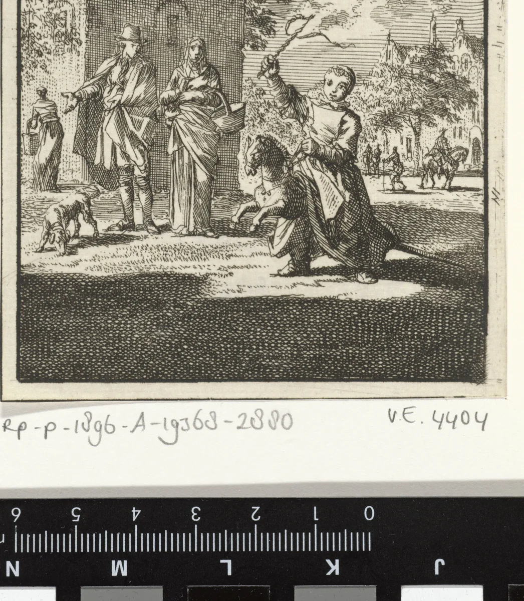 Spelend kind op een stokpaard by Jan Luyken, print, 1712