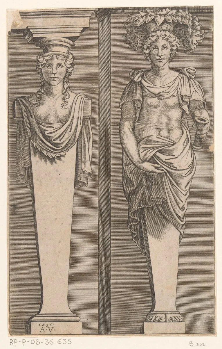 Twee vrouwelijke hermen by Unknown, print, 1536