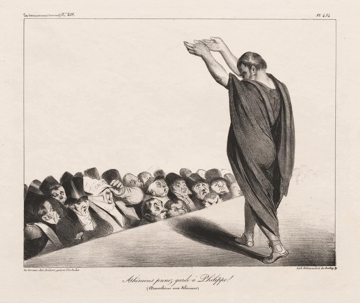 Athenians Beware of Phillip! (Demosthenes to the Athenians) by Honoré Daumier, print, 1835