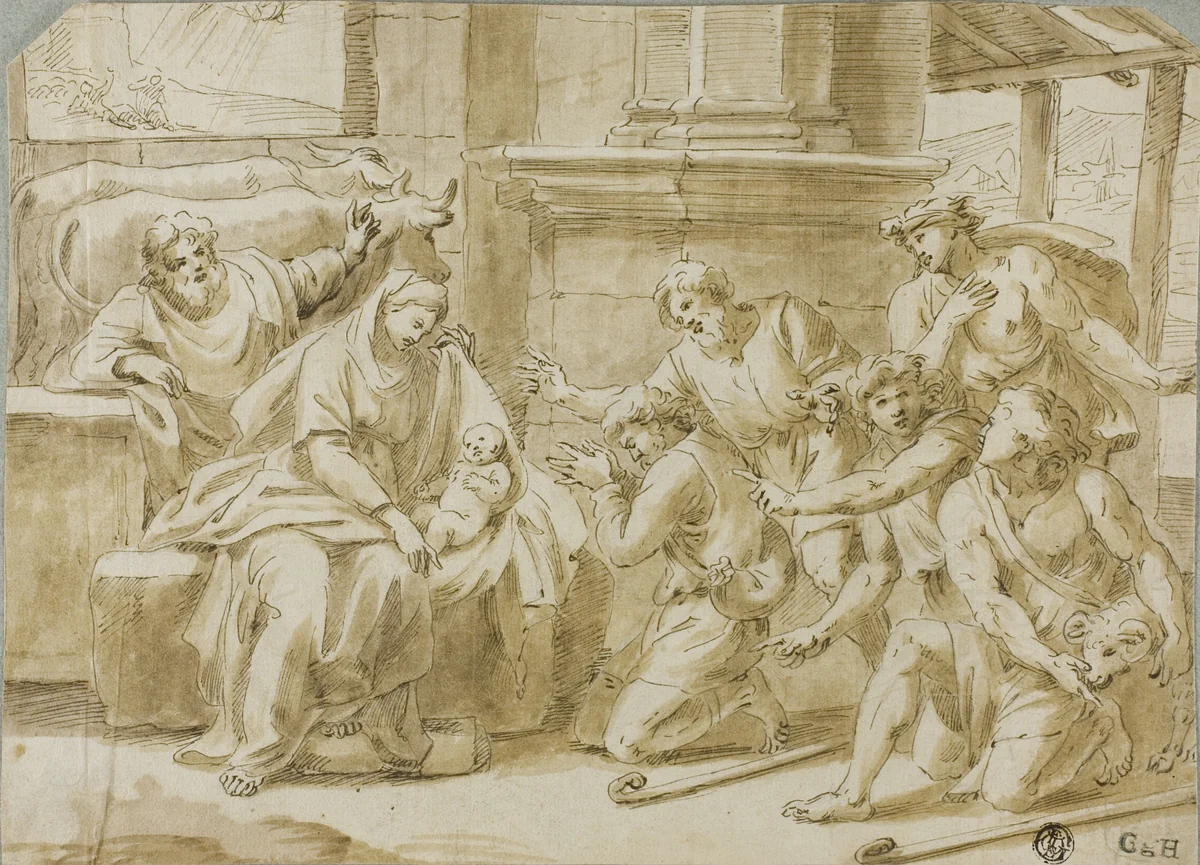 Adoration of the Shepherds by Nicolas Poussin, drawing, 1614-1665