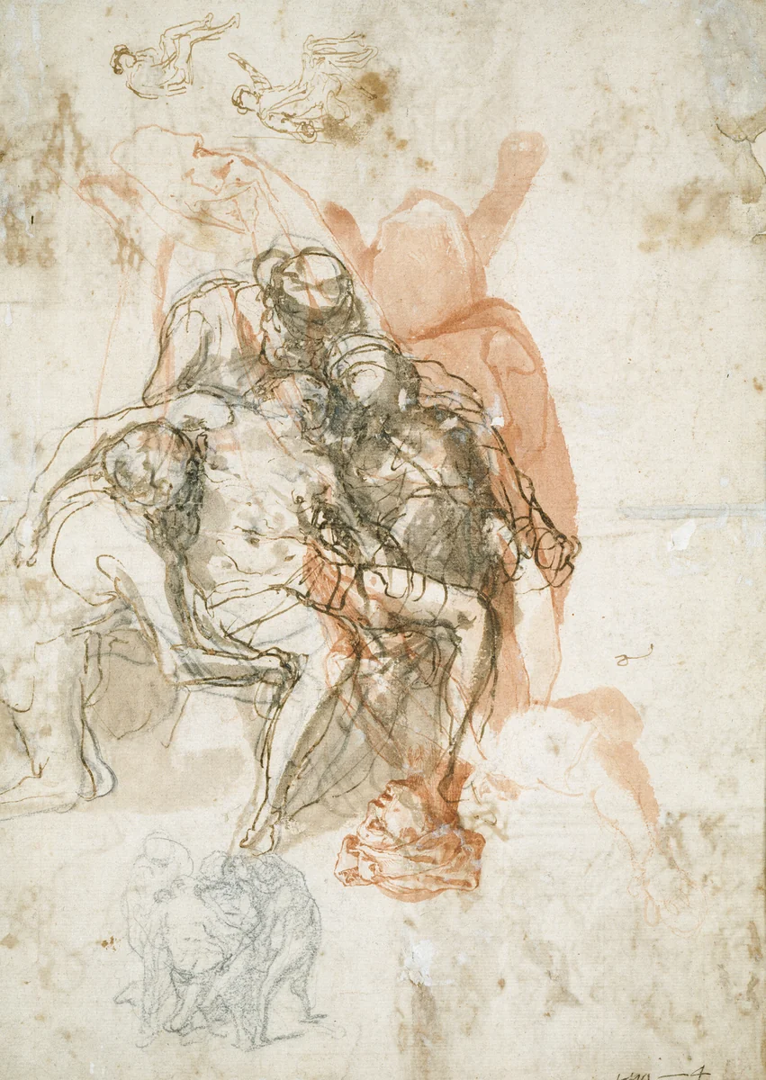Three Figures Supporting a Man, Smaller Sketch of the Same, and Studies for the Blinding of Elymas by Taddeo Zuccaro, drawing, 1556-1560