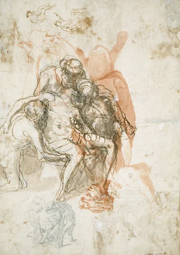 Three Figures Supporting a Man, Smaller Sketch of the Same, and Studies for the Blinding of Elymas by Taddeo Zuccaro, drawing, 1556-1560
