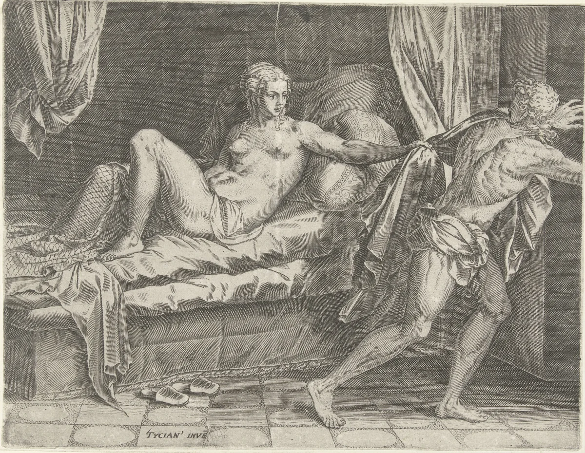 Jozef en de vrouw van Potifar by Cornelis Cort, print, 1560-1565