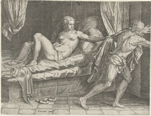 Jozef en de vrouw van Potifar by Cornelis Cort, print, 1560-1565